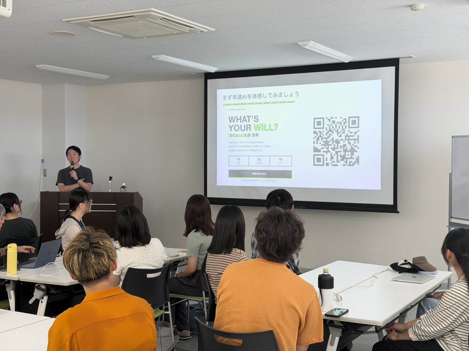 スクリーンに「WHAT'S YOUR WILL? やりたいの形 診断」のスライドが映し出され、参加者が画面を見ている様子