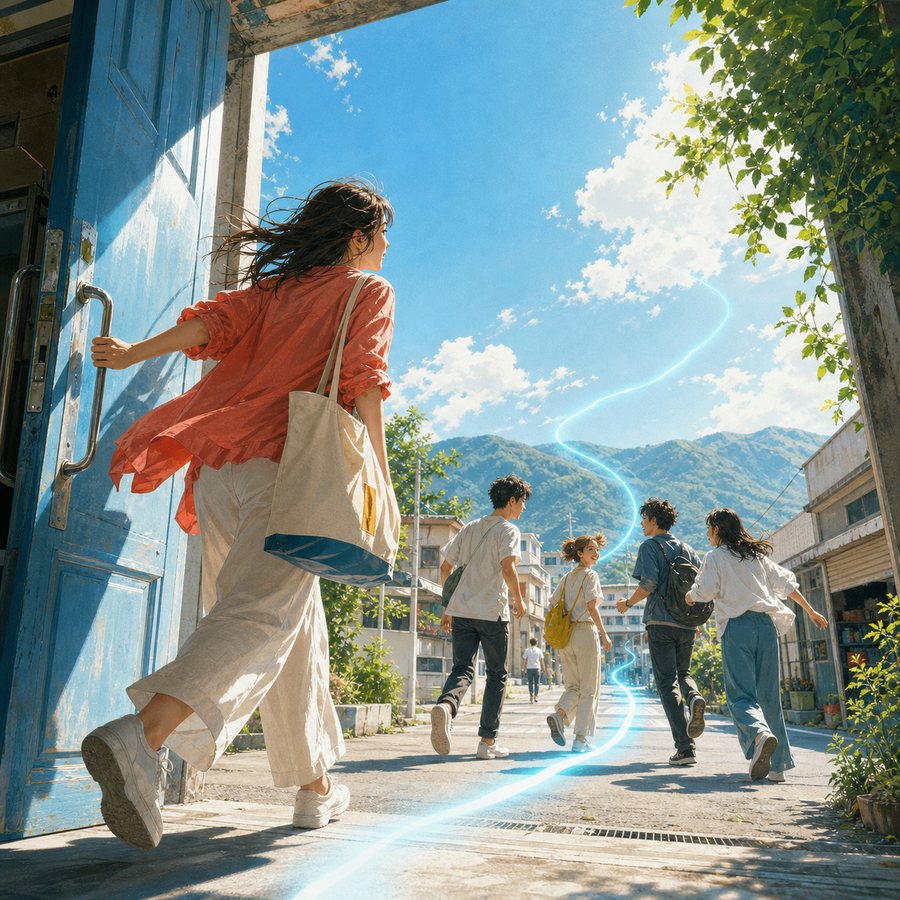 「夏が走り出す」のイメージ画像。青いドアを開けて、夏の街へ駆け出していく若者たち